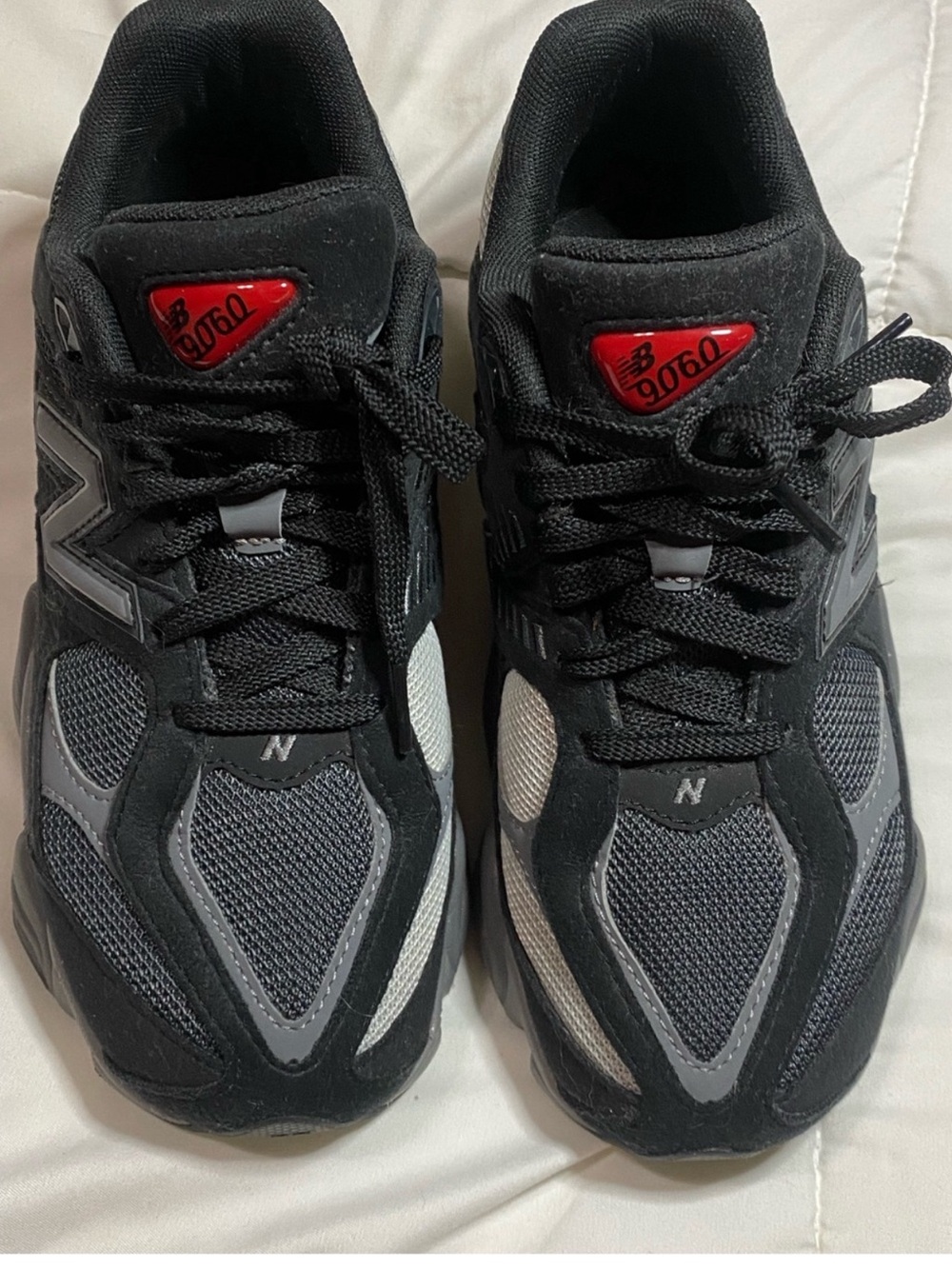 New Balance 9060 Black Gray with Red Accents Athletic Sneakers